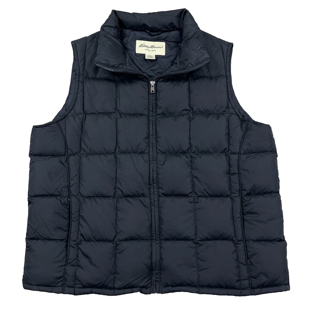 Eddie Bauer Puffer Vest Women XL Black Goose Down Fill Ski Jacket Layer Winter